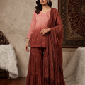 Peach Brown Ombre Premium Viscose Gharara Set with Short Kurti, Palazzo & Dupatta (Plus Sizes)