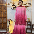 Pink Ombre Premium Viscose Gharara Set with Short Kurti, Palazzo & Dupatta (Plus Sizes)