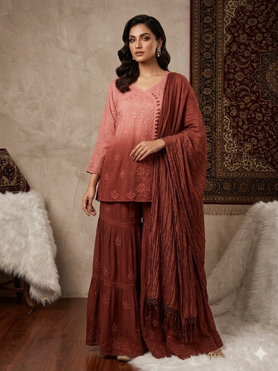 Peach Brown Ombre Premium Viscose Gharara Set with Short Kurti, Palazzo & Dupatta (Plus Sizes)