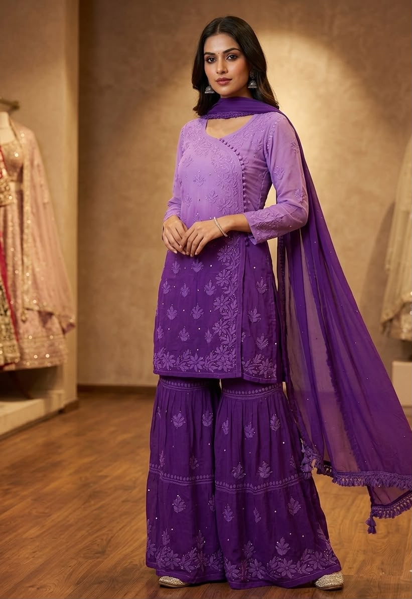 Purple Ombre Premium Viscose Gharara Set with Short Kurti, Palazzo & Dupatta (Plus Sizes)