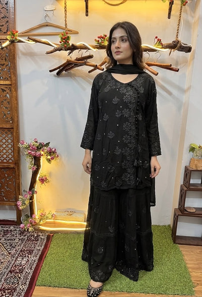 Classic Black Premium Viscose Gharara Set with Short Kurti, Palazzo & Dupatta (Plus Sizes)