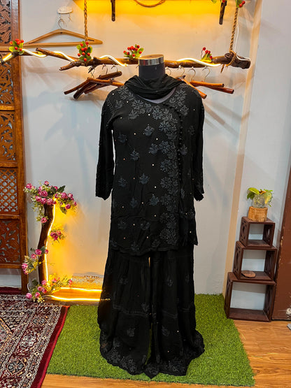 Classic Black Premium Viscose Gharara Set with Short Kurti, Palazzo & Dupatta (Plus Sizes)