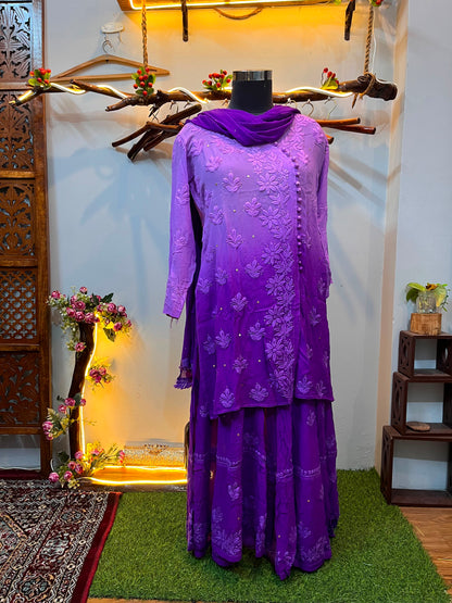 Purple Ombre Premium Viscose Gharara Set with Short Kurti, Palazzo & Dupatta (Plus Sizes)