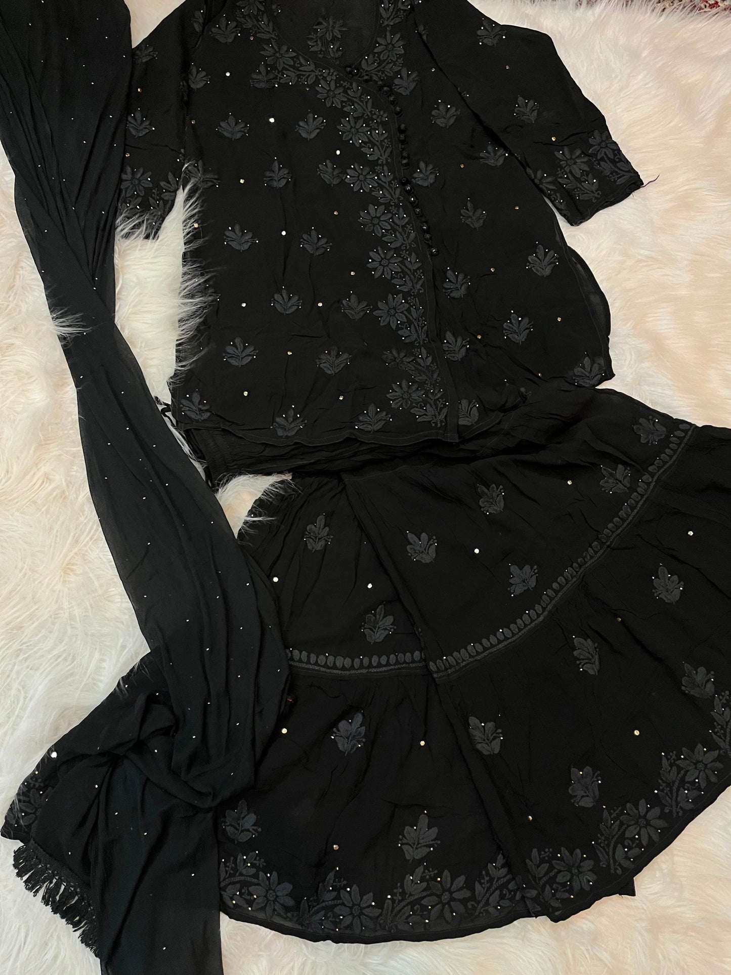 Classic Black Premium Viscose Gharara Set with Short Kurti, Palazzo & Dupatta (Plus Sizes)