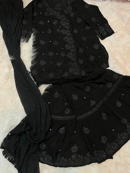 Classic Black Premium Viscose Gharara Set with Short Kurti, Palazzo & Dupatta (Plus Sizes)