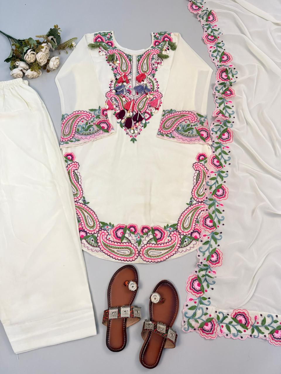 New Arrival White Multicolor Georgette Farshi Salwar Kameez