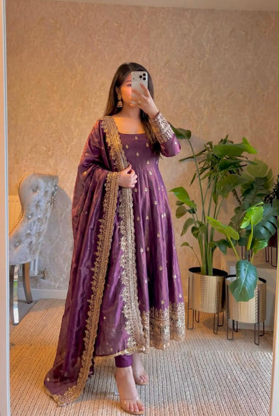 Dusty Pink Embroidered Sequins Fandy Silk Anarkali Gown Set with Dupatta
