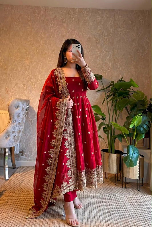 Red Embroidered Sequins Fandy Silk Anarkali Gown Set with Dupatta