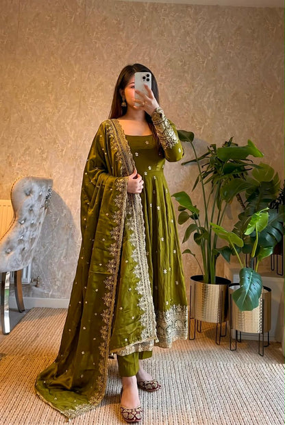 Olive Embroidered Sequins Fandy Silk Anarkali Gown Set with Dupatta