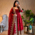 Red Embroidered Sequins Fandy Silk Anarkali Gown Set with Dupatta