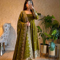 Olive Embroidered Sequins Fandy Silk Anarkali Gown Set with Dupatta