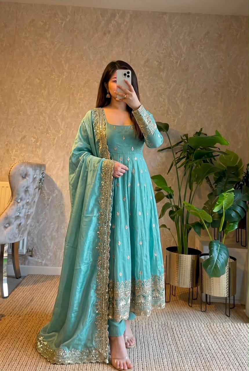 Turquoise Embroidered Sequins Fandy Silk Anarkali Gown Set with Dupatta