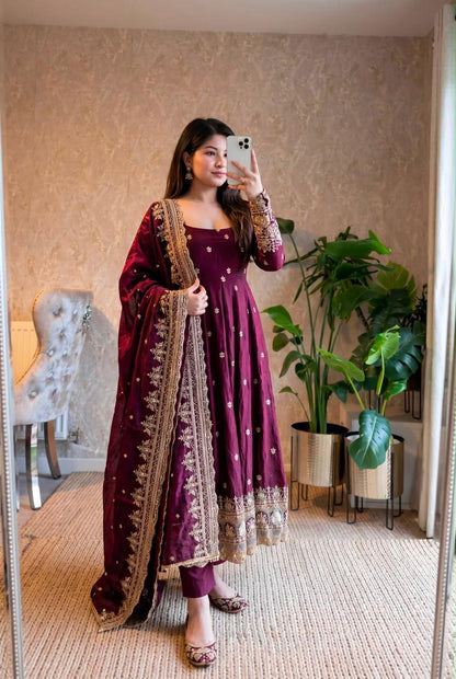 Wine Color Embroidered Sequins Fandy Silk Anarkali Gown Set with Dupatta