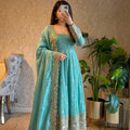 Turquoise Embroidered Sequins Fandy Silk Anarkali Gown Set with Dupatta