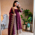 Wine Color Embroidered Sequins Fandy Silk Anarkali Gown Set with Dupatta