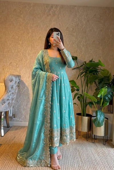 Turquoise Embroidered Sequins Fandy Silk Anarkali Gown Set with Dupatta