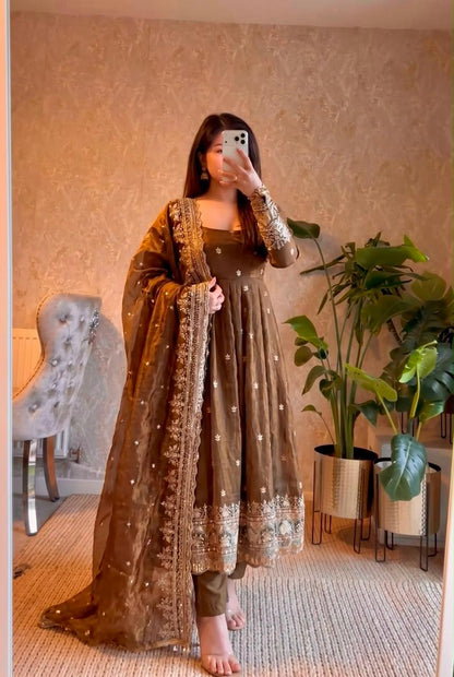 Brown Embroidered Sequins Fandy Silk Anarkali Gown Set with Dupatta