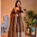 Brown Embroidered Sequins Fandy Silk Anarkali Gown Set with Dupatta