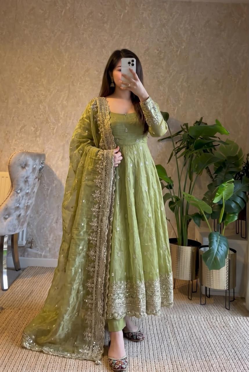 Pistachio Green Embroidered Sequins Fandy Silk Anarkali Gown Set with Dupatta