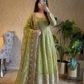 Pistachio Green Embroidered Sequins Fandy Silk Anarkali Gown Set with Dupatta