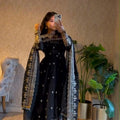 Black Embroidered Sequins Fandy Silk Anarkali Gown Set with Dupatta