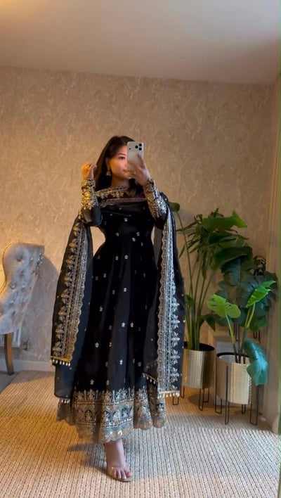 Black Embroidered Sequins Fandy Silk Anarkali Gown Set with Dupatta