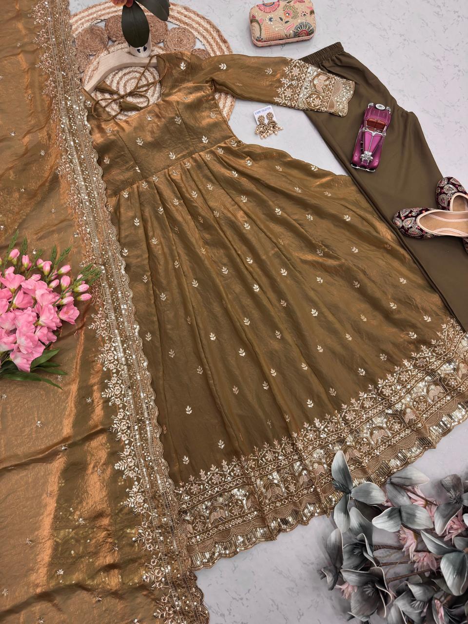 Dusty Pink Embroidered Sequins Fandy Silk Anarkali Gown Set with Dupatta