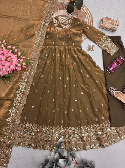 Brown Embroidered Sequins Fandy Silk Anarkali Gown Set with Dupatta
