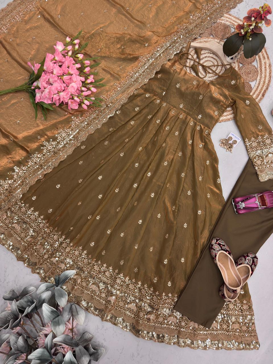 Brown Embroidered Sequins Fandy Silk Anarkali Gown Set with Dupatta