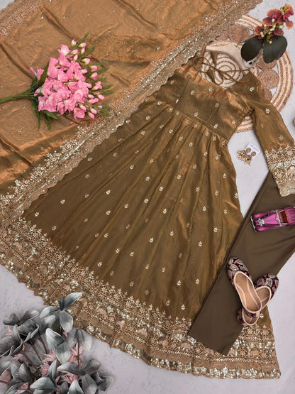 Brown Embroidered Sequins Fandy Silk Anarkali Gown Set with Dupatta
