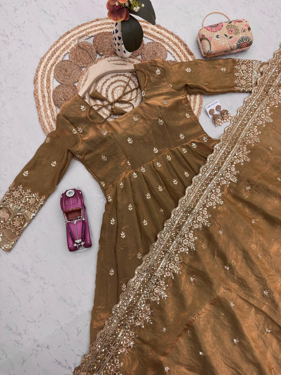 Brown Embroidered Sequins Fandy Silk Anarkali Gown Set with Dupatta