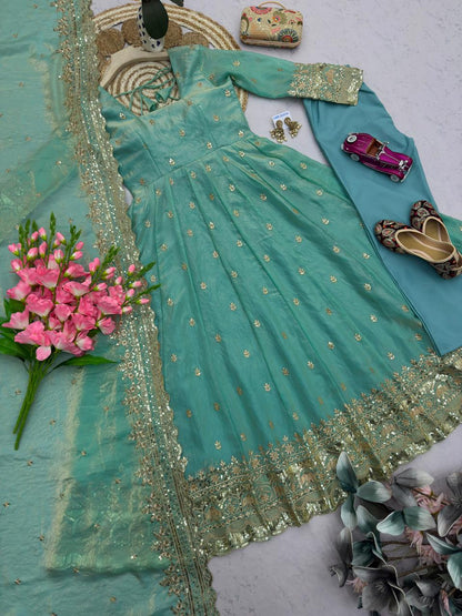 Turquoise Embroidered Sequins Fandy Silk Anarkali Gown Set with Dupatta