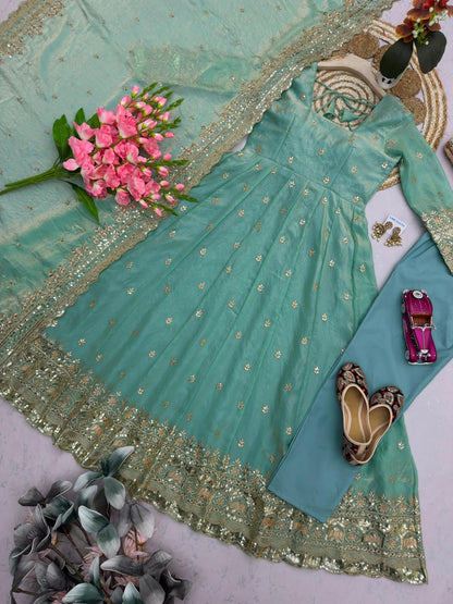 Turquoise Embroidered Sequins Fandy Silk Anarkali Gown Set with Dupatta