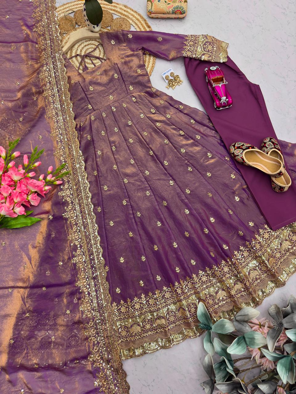 Dusty Pink Embroidered Sequins Fandy Silk Anarkali Gown Set with Dupatta