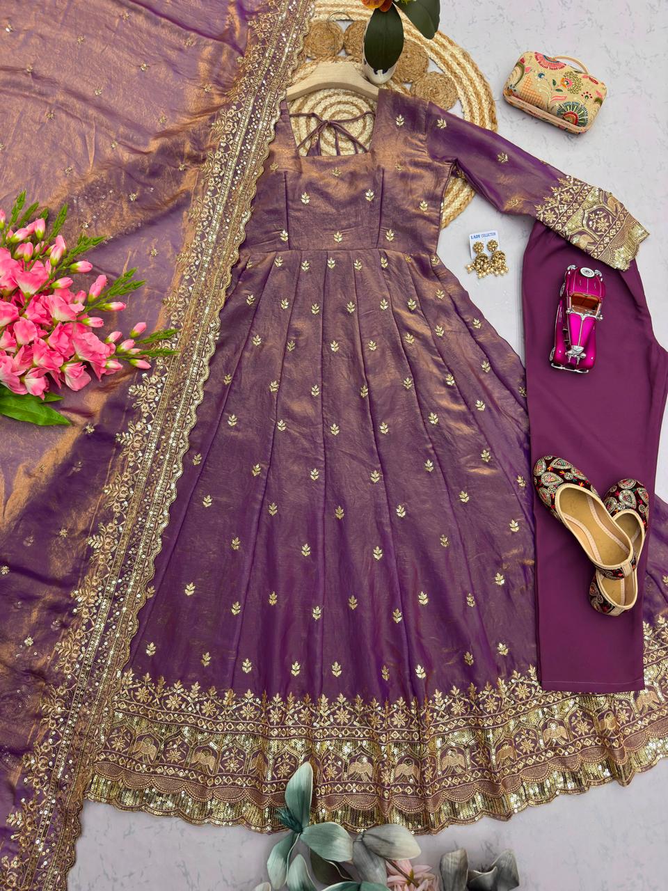 Dusty Pink Embroidered Sequins Fandy Silk Anarkali Gown Set with Dupatta