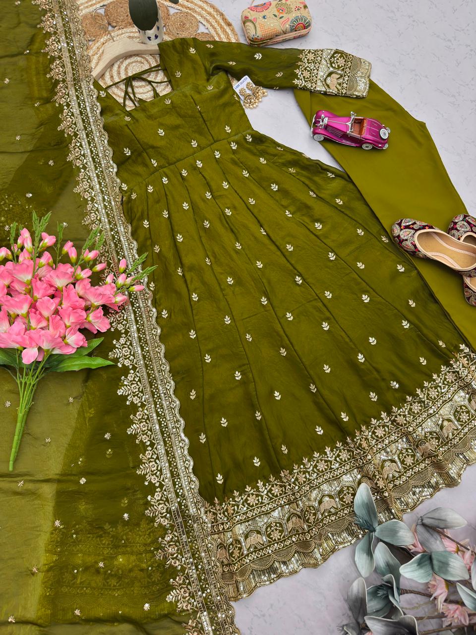 Olive Embroidered Sequins Fandy Silk Anarkali Gown Set with Dupatta