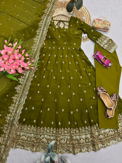 Olive Embroidered Sequins Fandy Silk Anarkali Gown Set with Dupatta