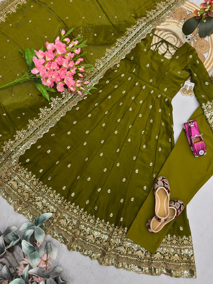 Olive Embroidered Sequins Fandy Silk Anarkali Gown Set with Dupatta