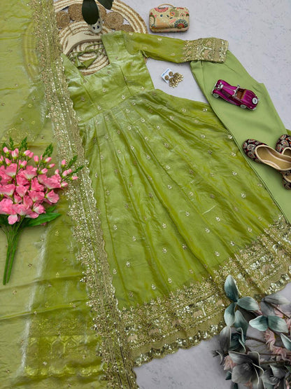 Pistachio Green Embroidered Sequins Fandy Silk Anarkali Gown Set with Dupatta