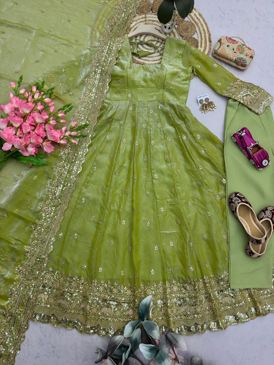 Pistachio Green Embroidered Sequins Fandy Silk Anarkali Gown Set with Dupatta