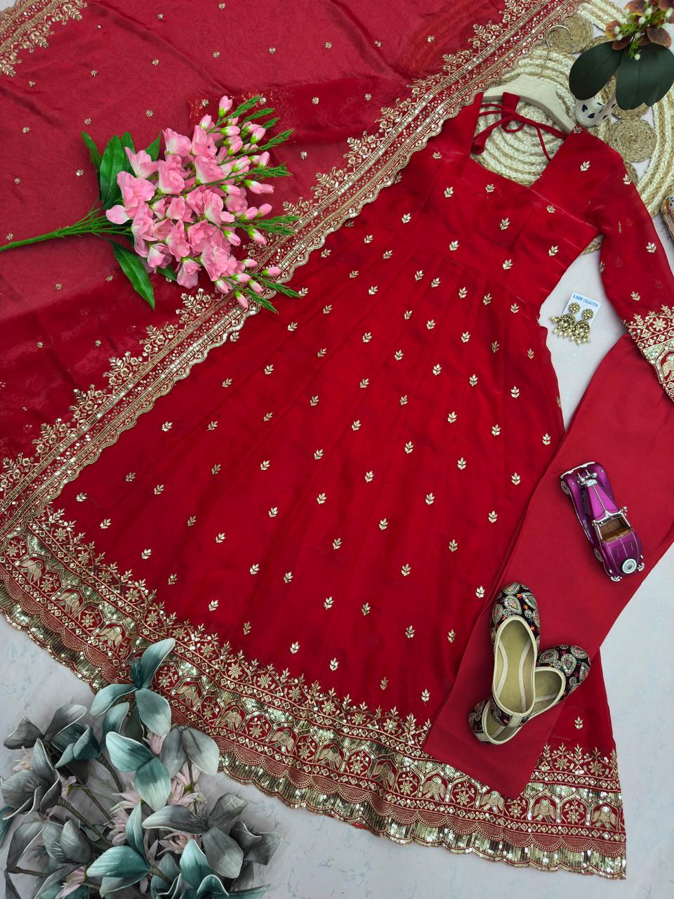 Red Embroidered Sequins Fandy Silk Anarkali Gown Set with Dupatta