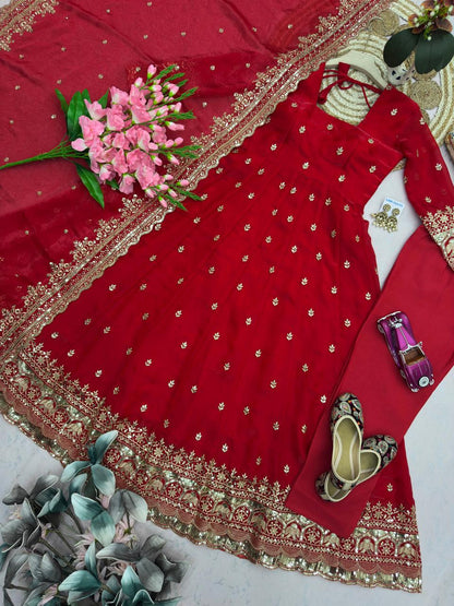 Red Embroidered Sequins Fandy Silk Anarkali Gown Set with Dupatta