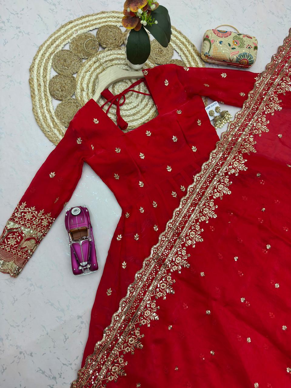 Red Embroidered Sequins Fandy Silk Anarkali Gown Set with Dupatta
