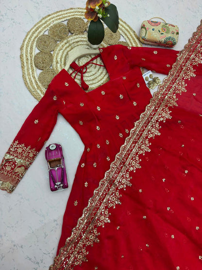 Red Embroidered Sequins Fandy Silk Anarkali Gown Set with Dupatta
