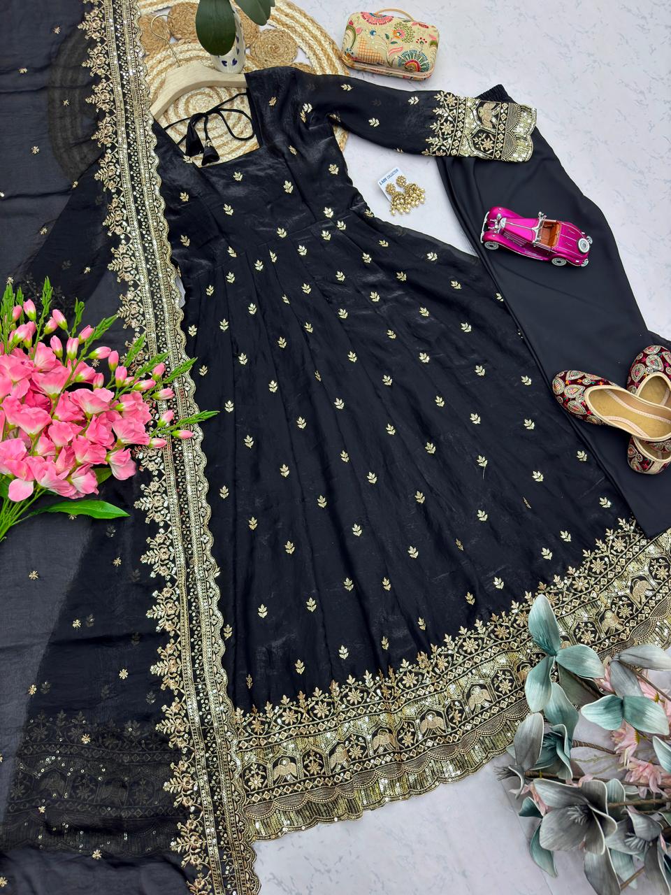 Black Embroidered Sequins Fandy Silk Anarkali Gown Set with Dupatta