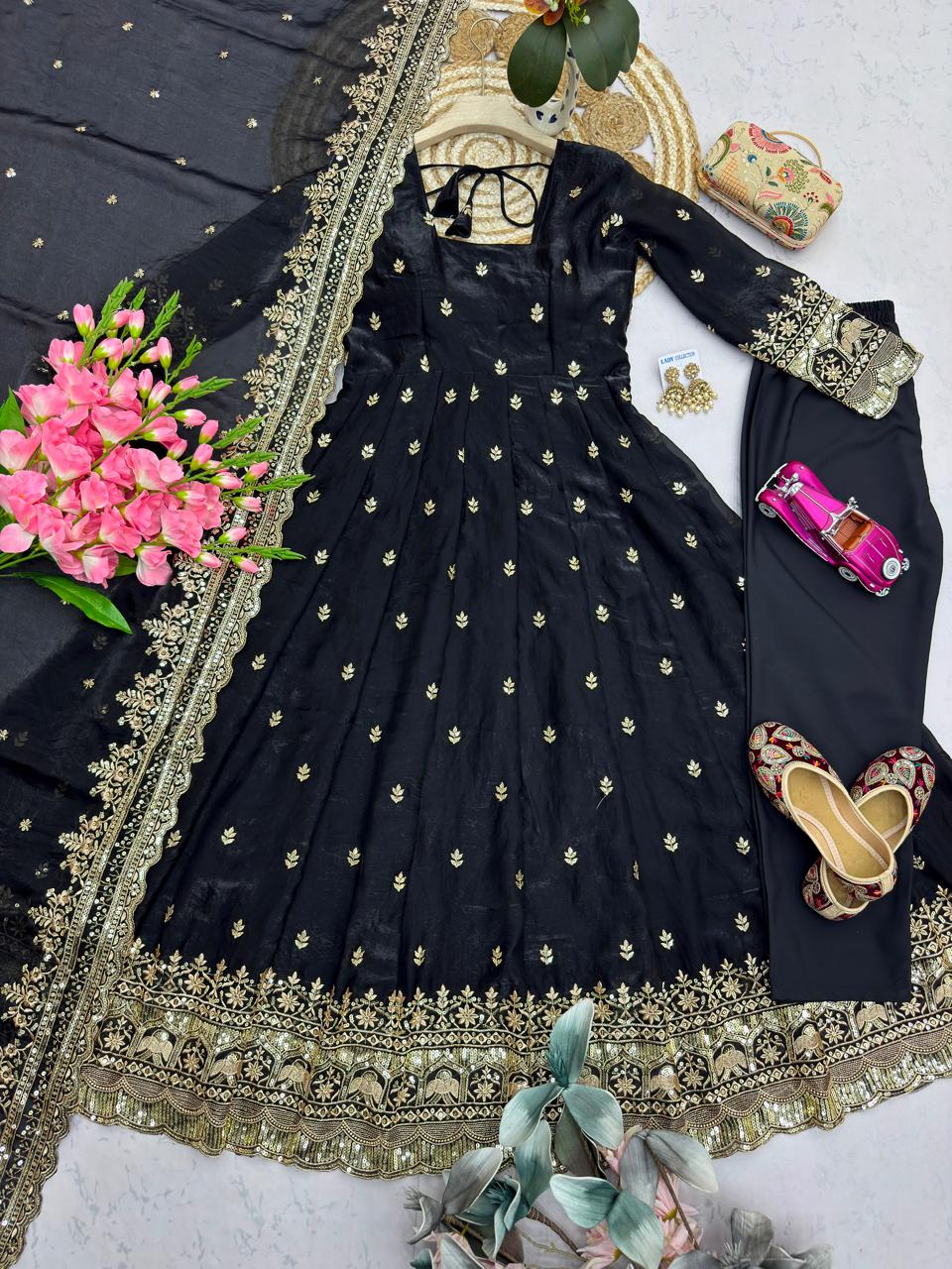 Black Embroidered Sequins Fandy Silk Anarkali Gown Set with Dupatta