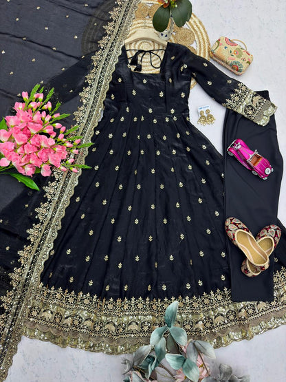 Black Embroidered Sequins Fandy Silk Anarkali Gown Set with Dupatta