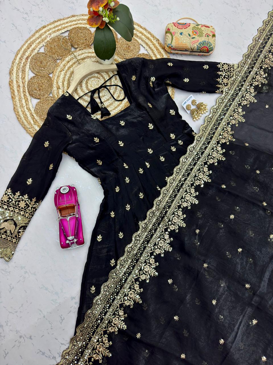 Black Embroidered Sequins Fandy Silk Anarkali Gown Set with Dupatta