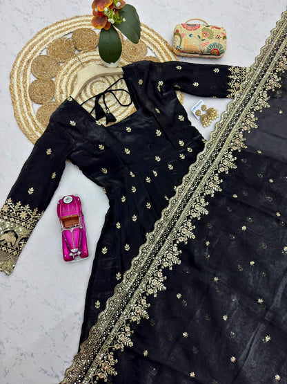 Black Embroidered Sequins Fandy Silk Anarkali Gown Set with Dupatta