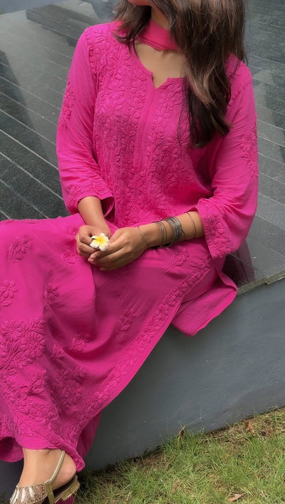 Hot Pink Lucknowi Chikankari Modal Cotton Kurta Palazzo Set with Dupatta